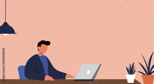 Focused individual working on a laptop in a stylized home office. Represents business, remote productivity, and contemporary digital life.