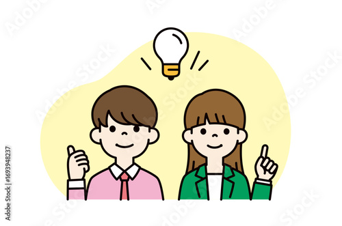 大きな電球と、閃いた様子の若い男性と女性の上半身ビジネスベクターイラスト素材＿カラー