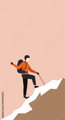 Determined hiker ascends a snowy mountain, symbolizing adventure, challenge, and overcoming obstacles. Perfect for themes of perseverance and success.