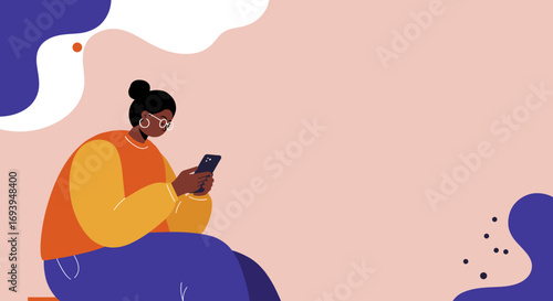 Stylish illustration of a woman using her smartphone, embodying modern communication, digital lifestyle, and online connectivity. Ideal for technology or social media concepts.