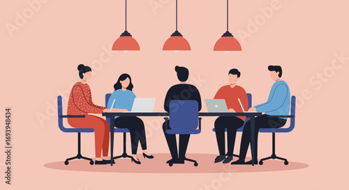 Diverse business team collaborating in a modern office meeting, working on laptops. Illustrates teamwork, productivity, and professional discussion.