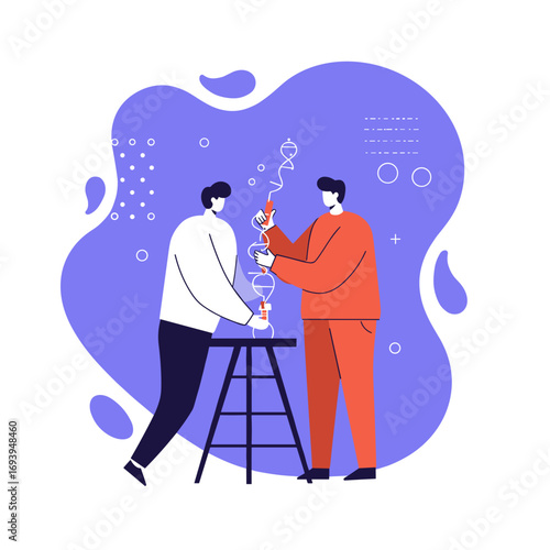 Two scientists collaboratively researching DNA and genetics in a modern laboratory, representing innovation, biotechnology, and scientific discovery.
