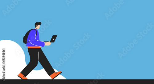 A modern illustration depicts a person walking with a laptop and backpack, representing remote work, education, and mobile lifestyle.