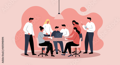 Diverse business team collaborating in a modern office meeting, discussing ideas and planning projects. Ideal for corporate teamwork and communication concepts.
