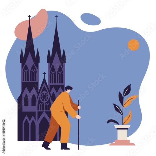 Senior man walking with a stick past a majestic Gothic cathedral, illustrating travel, culture, and historical exploration.