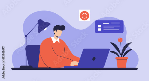 Professional man working diligently on his laptop at a modern desk setup. Represents remote work, online education, or digital business tasks.