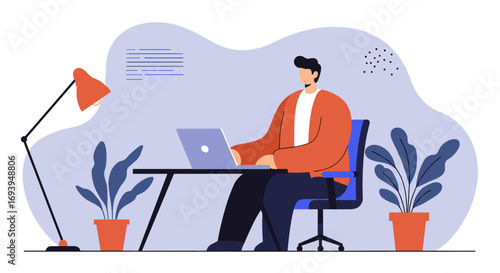 Focused man works on laptop at a modern desk with plants, representing productivity, remote work, and business concepts in an office or home environment.