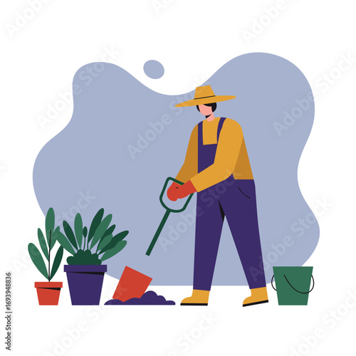 Gardener in a hat and overalls digging soil with a shovel, surrounded by potted plants. Perfect for illustrating gardening hobbies, spring planting, or agricultural lifestyle concepts.