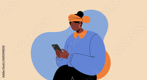 Modern woman engrossed in her smartphone, representing digital communication, online activity, and the integration of technology in daily life.