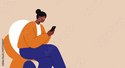 Illustration of a focused Black woman using her smartphone, sitting comfortably. Represents digital communication, social media, remote work, and modern lifestyle concepts.