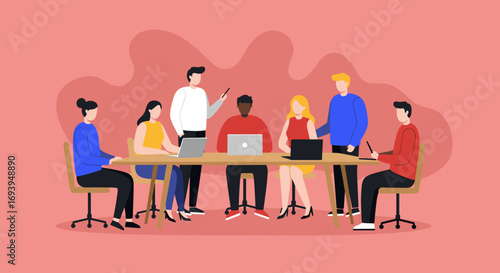 Diverse team of professionals collaborating in a modern office meeting, discussing ideas and working together. Represents teamwork, business strategy, and innovation.
