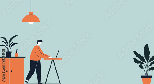 Man working on a laptop in a modern, minimalist home office setting, representing remote work, productivity, and contemporary business lifestyle.