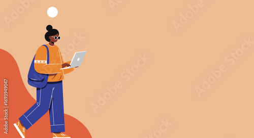 Young person walking confidently while using a laptop, embodying modern productivity, remote work, and digital lifestyle. Ideal for technology and education concepts.