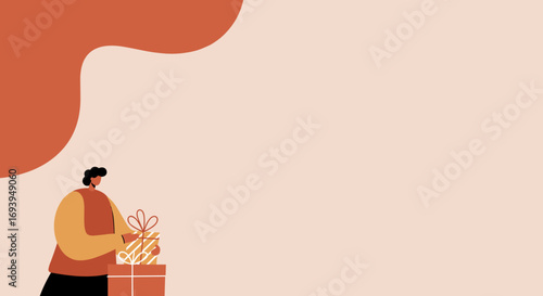 Minimalist illustration of a person preparing or receiving gifts, ideal for holidays, special occasions, or retail promotions.