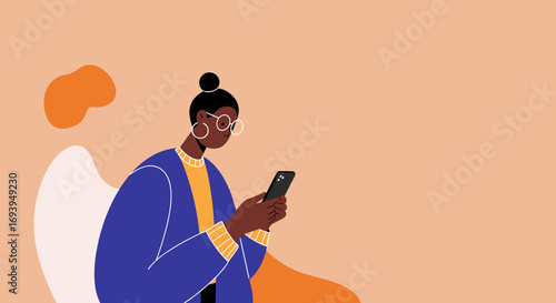 A focused woman with glasses engages with her smartphone, symbolizing modern digital communication, online connections, and technology use. Ideal for lifestyle, business, and social media concepts.