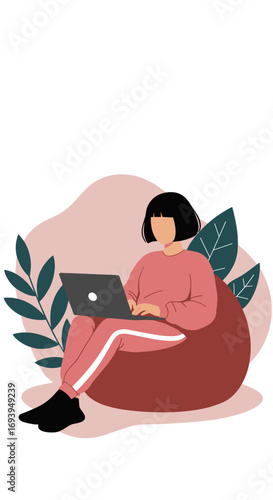 Comfortable woman using a laptop on a beanbag chair, depicting remote work, casual lifestyle, or freelance activity in a relaxed home environment.