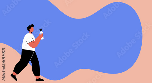 Person carrying a pump bottle, symbolizing essential hygiene, health, and cleanliness. Ideal for promoting wellness and daily care.