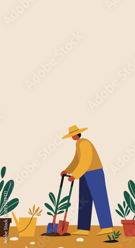 Person planting a seedling in a garden, surrounded by tools and plants. Illustrates sustainable living, hobby, nature, and eco-friendly lifestyle.