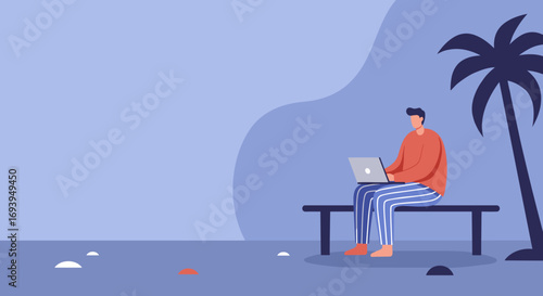 Digital nomad working on a laptop on a bench under a palm tree. Illustrates remote work, flexible business, travel, and modern lifestyle concepts.