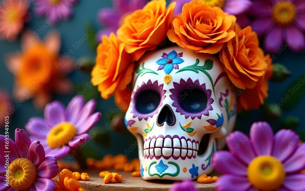 Dia de los muertos festival celebration. Colorful, vibrant image of a calavera with orange and purple flowers. Traditional sugar skull with floral decoration background. Mexico tradition and culture.