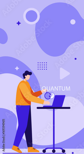 Man actively engaged with quantum technology on a laptop, representing innovation, research, and future computing in a digital workspace.
