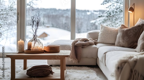 Cozy Scandinavian winter decor closeup white sofa corner candles branches vase knitted textures light wood table snowy window bokeh background hygge lifestyle (Interior Design)