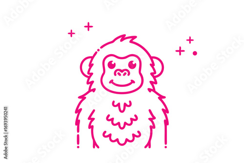 Cartoon pink gorilla with fluffy fur stands happily near plus signs