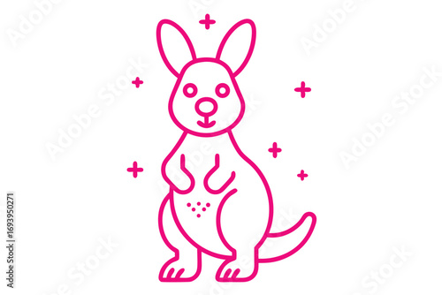Cartoon pink kangaroo stands among simple pink plus signs on a white backdrop
