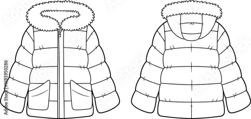 Fashion flat sketch of a white hooded puffer jacket front and back view with fur trim apparel clothing