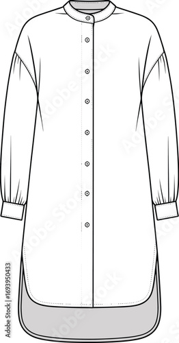 Fashion flat sketch of a white long sleeve button-up tunic shirt with band collar apparel clothing