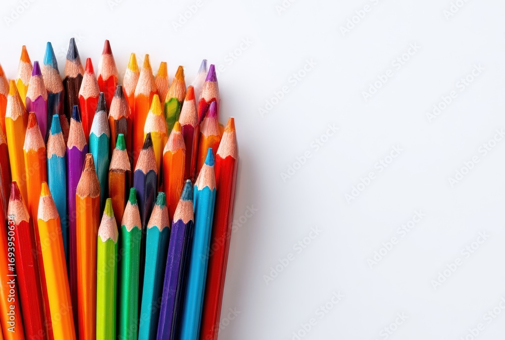 Fototapeta premium A cluster of brightly colored pencils of varying shades, huddled together on the left against a clean, bright white background