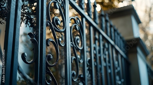 Detailed Close-Up of Ornate Wrought Iron Fence with Scrollwork and Patina Finish (Architectural Detail)
