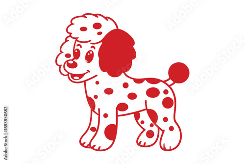 Cartoon poodle with adorable face and red spots stands on a white background