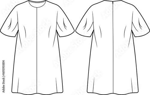 Fashion flat sketch of a white short sleeve shift dress front and back view drawing illustration