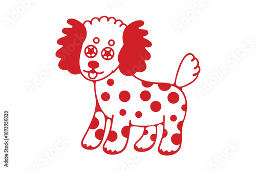 Cartoon poodle shows its tongue while standing with red spots on a white background