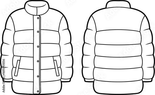 Fashion flat sketch of a white stand collar puffer jacket front and back view with snap buttons apparel