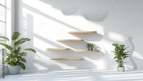 White-on-white ultra-minimal office with floating shelves and abstract backdrop