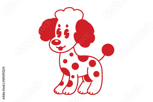 Cartoon poodle with red spots and cute face stands cheerfully on a white surface