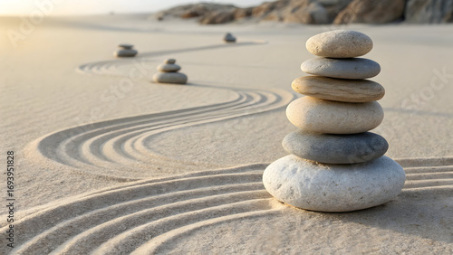 Stacked smooth stones on raked sand rocks balance