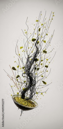 A surreal image of a twisted black tree with yellow foliage growing from a bowl against a neutral-toned background