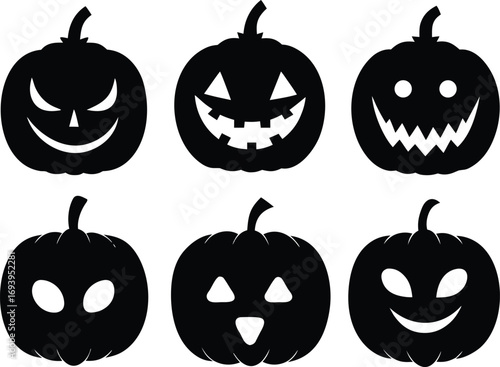 Halloween Pumpkin Silhouette Vector Set, Spooky Jack O Lantern Silhouettes - Halloween Vector Illustration