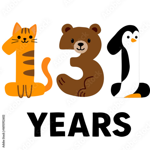 Cute illustration of the number 131 with animal-themed digits: a cat as number 1, a bear as number 3, and a penguin as number 1, with the word “YEARS” below.
