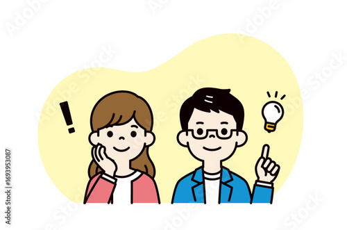 いい案を思いついた・閃いた、若い男性と女性の上半身ベクターイラスト素材＿カラー