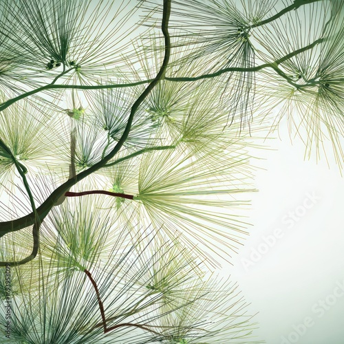 Close-up view showcasing the radial pattern of bright green pine needles on intertwining branches against a light backdrop, evocative of nature