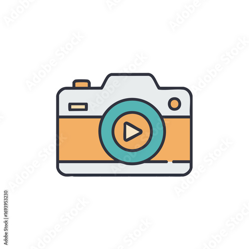 A modern flat line art icon depicts a digital video camera with a play button, symbolizing multimedia content creation and entertainment.