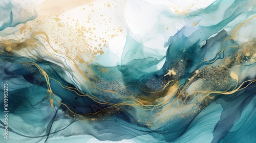 A captivating watercolor abstract painting in vibrant hues of blue, teal, and gold, with soft gradients and splashes blending harmoniously