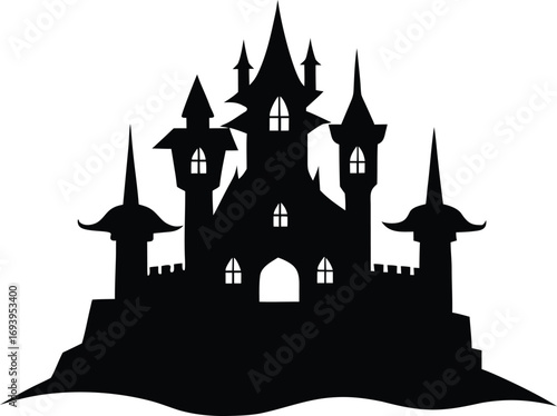 Halloween Castle Black Silhouette Vector Illustration. Spooky Gothic Mansion, Haunted Fortress Landscape for Horror Themes, Party Backdrops, and Storybook Designs
