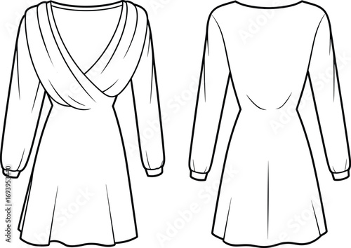 Front and back view of a long sleeve wrap dress fashion illustration clothing