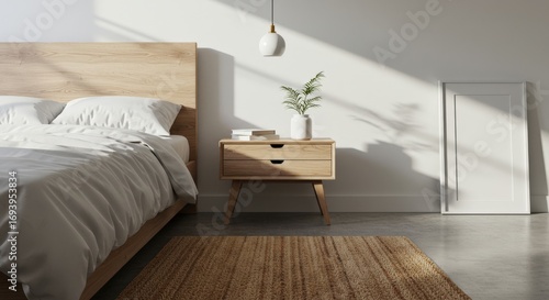 Modern Bedroom Interior with Bed Nightstand and Decor.