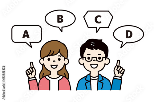 吹き出しと、様々な意見を提案する若い男性と女性の上半身ベクターイラスト素材＿カラー